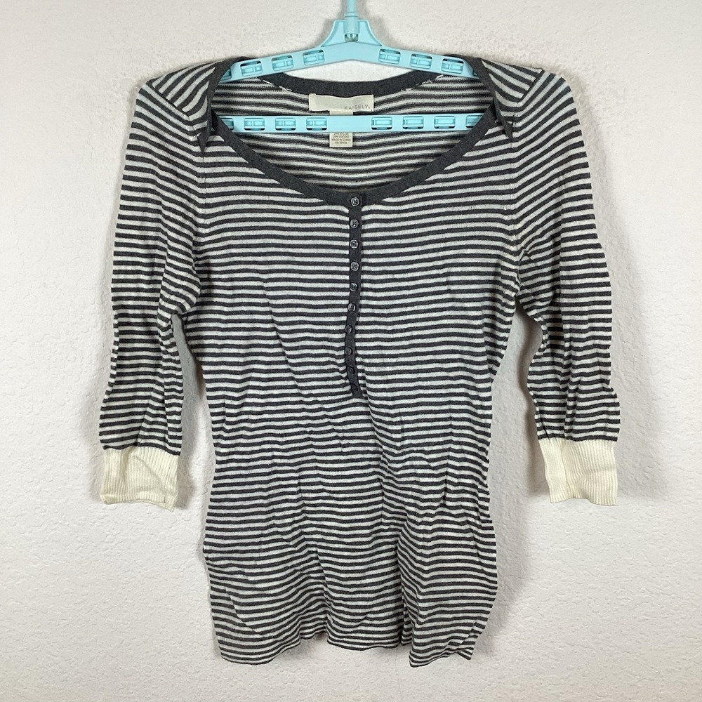 Kaisely Womens T Shirt Top Sz M Medium 3/4 Sleeve Striped Soft Stain Good